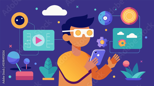 A multisensory app that uses haptic feedback and 3D visuals to enhance the artmaking experience for individuals with sensory processing difficulties.. Vector illustration