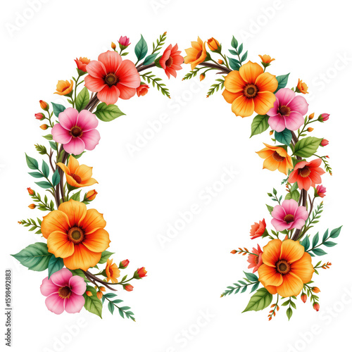 Colorful Floral Wreath with Bright Blooms and Green Leaves Design