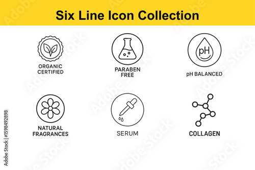 Cosmetic and Beauty Product Line Icons Organic Paraben Free pH Balanced Natural Fragrances Serum and Collagen