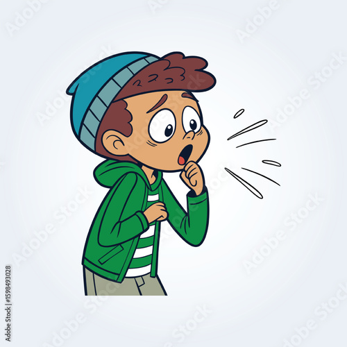 An illustration of a boy coughing and wearing a green hoodie and blue cap