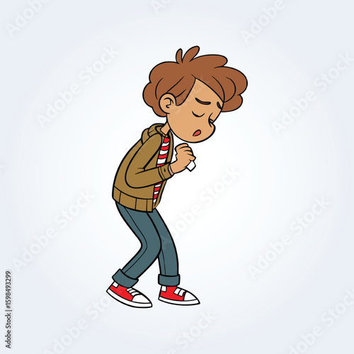 An illustration of a boy coughing and wearing a brown sweater