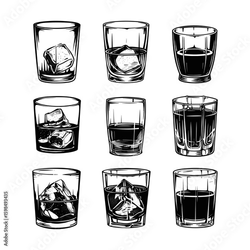 Whiskey Glasses with Ice Cubes A Collection of Illustrations