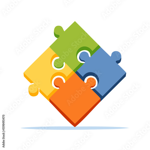 Connected puzzle pieces form a square shape with blue, yellow, green, and orange flat vector