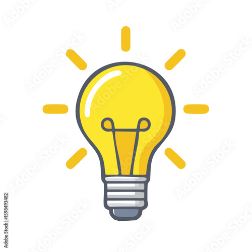 Bright yellow light bulb emits light rays idea concept, simple creative design
