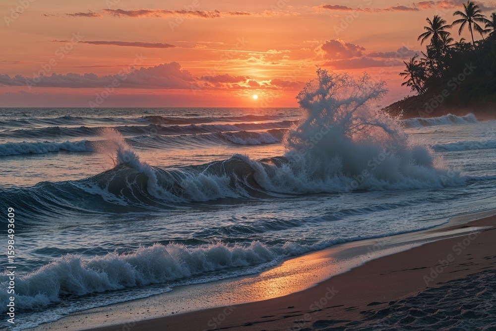 Naklejka premium Breathtaking Ocean Waves Under Stunning Sunset at the Beach