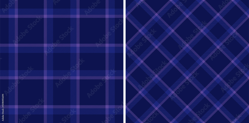 Elegant navy blue and lilac plaid patterns, perfect for textile design, fashion, or website backgrounds. These seamless textures offer versatile design options with classic and modern appeal. Elegant navy blue and lilac plaid patterns, perfect for textile design, fashion, or website backgrounds. These seamless textures offer versatile design options with classic and modern appeal.