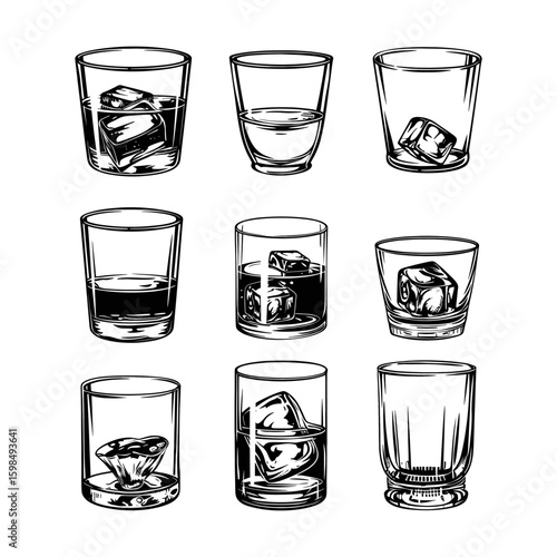 Whiskey Glasses with Ice Cubes A Collection of Illustrations
