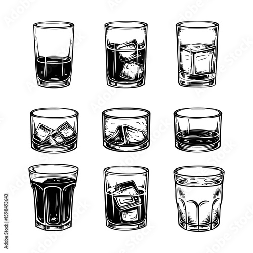 Whiskey Glasses with Ice Cubes A Collection of Illustrations
