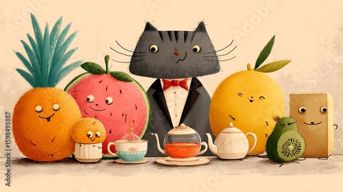 Cartoon Fruits and Cat in Tuxedo Having Tea Party Illustration, Whimsical Characters