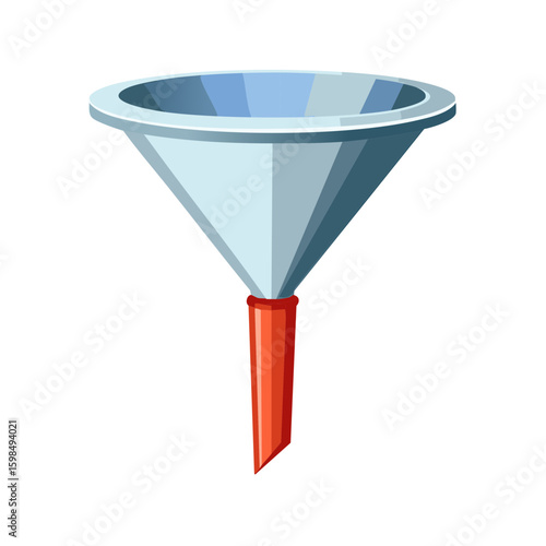 Isolated funnel illustration: Light blue cone-shaped filter with red cylindrical spout