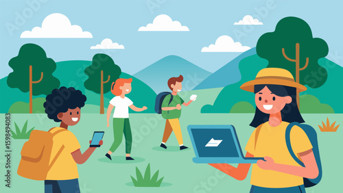 A group of students on a virtual school field trip exploring a virtual national park while participating in a interactive fitness scavenger hunt led. Vector illustration