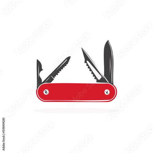 Opened multi-tool with red handle displaying blades and screwdriver for versatile use and repair.