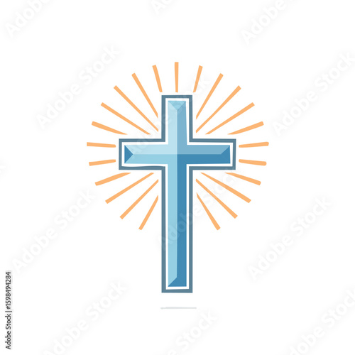 Illuminated blue Christian cross radiates faith and divine light in religious concept emblem design