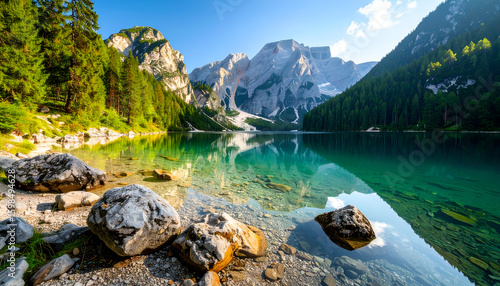 Alpine lake with mountain reflection, and summer.