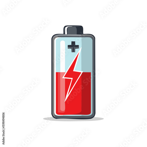 Depleted battery illustration with lightning bolt symbol in red liquid, low charge indicator