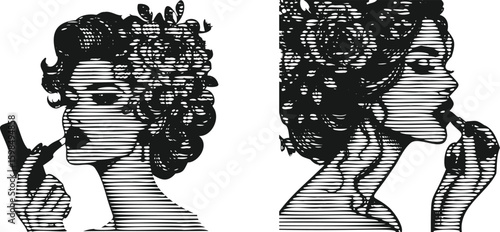  Monochrome lined engraving bundle featuring glamorous woman with floral hair, classic beauty applying lipstick, vintage style portrait