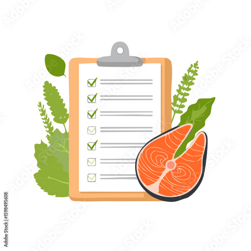 Salmon Portion with Checklist Clipboard Surrounded by Greens Represents Healthy Meal Planning and Nutrition