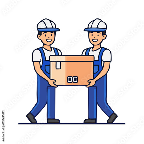 Two Movers Carrying a Cardboard Box Illustration with Uniforms and Safety Helmets