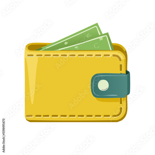 Cartoon Style Illustration of a Yellow Wallet Filled with Green Banknotes or Paper Currency