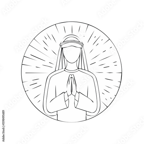 Praying Person in Traditional Clothing with Sun Rays Outline