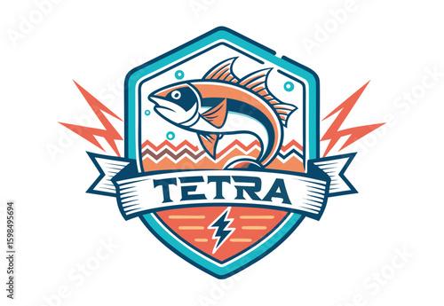 Classic vintage t-shirt vector clipart with neon tetra fish jumping over waves emblem design