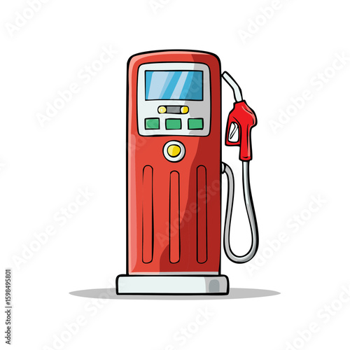 Vibrant cartoon gas pump station with nozzle for vehicle fuel service