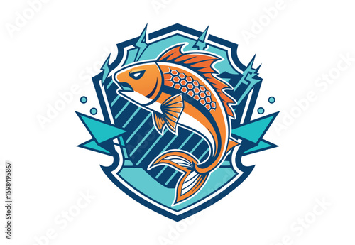 Retro style neon tetra fish emblem vintage t-shirt graphic with jumping fish and wave vector art