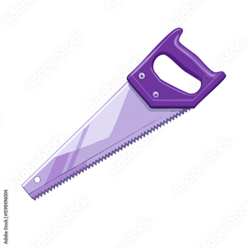 Isolated Cartoon Style Hand Saw with Purple Handle and Shiny Blade on a White Backdrop