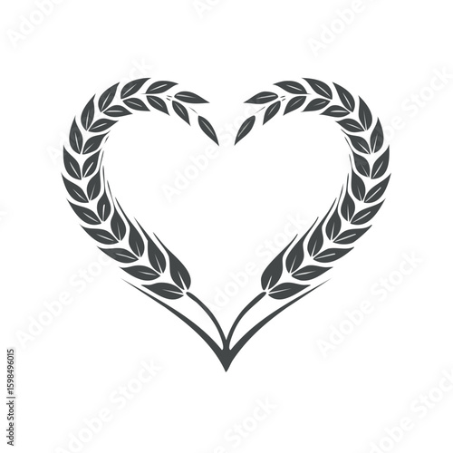 Heart shape wheat ears emblem, decorative floral frame, organic agriculture symbol
