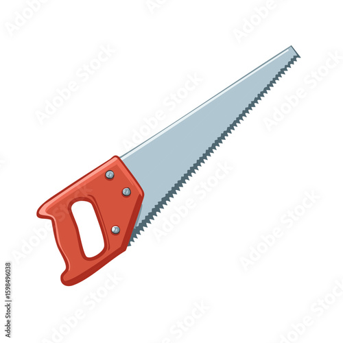Handsaw with orange handle and metal blade with teeth, cartoon vector illustration