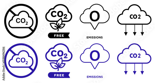 CO2 reduction and clean air symbols, various designs featuring clouds and plants, environmentally friendly icons