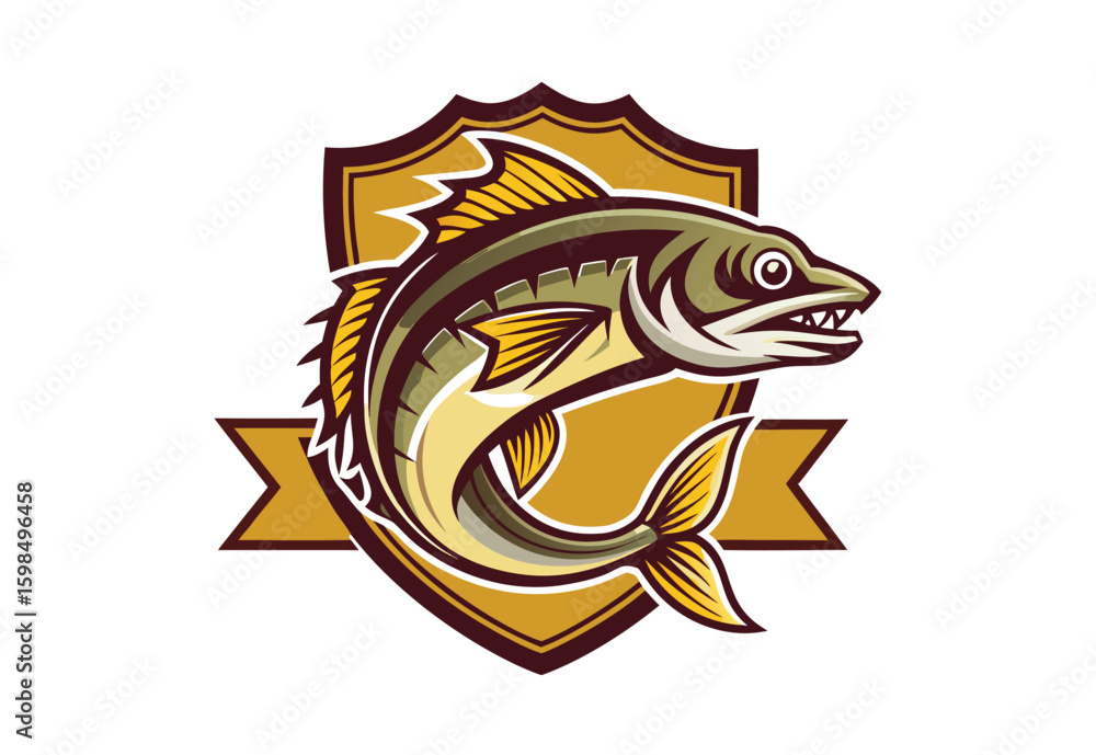 Obraz premium Vintage style pike fish emblem t-shirt vector design jumping fish in wave clipart elements