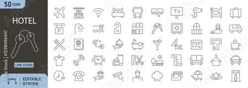 Hotel icons set. Includes icons for room service, reservation, check-in, hospitality, luggage, concierge, bed, amenities, and accommodation. Line icons. Perfect for infographics.