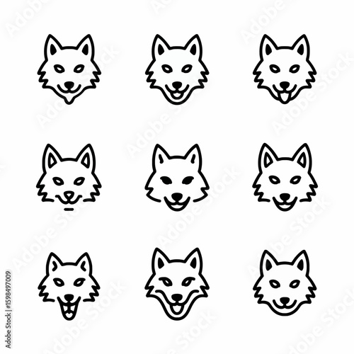 Collection of nine wolf head icons isolated on white background