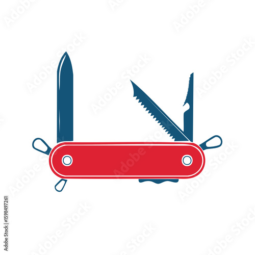 Open multitool knife showcasing its blade, saw, and can opener in a vector illustration.