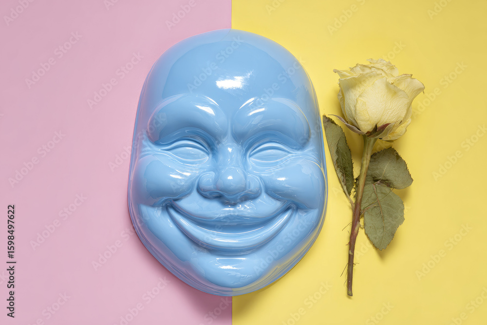 Naklejka premium Blue smiling mask, dead yellow rose, pastel pink and yellow background, surreal composition, cheerful yet melancholic mood, top view, creative art concept
