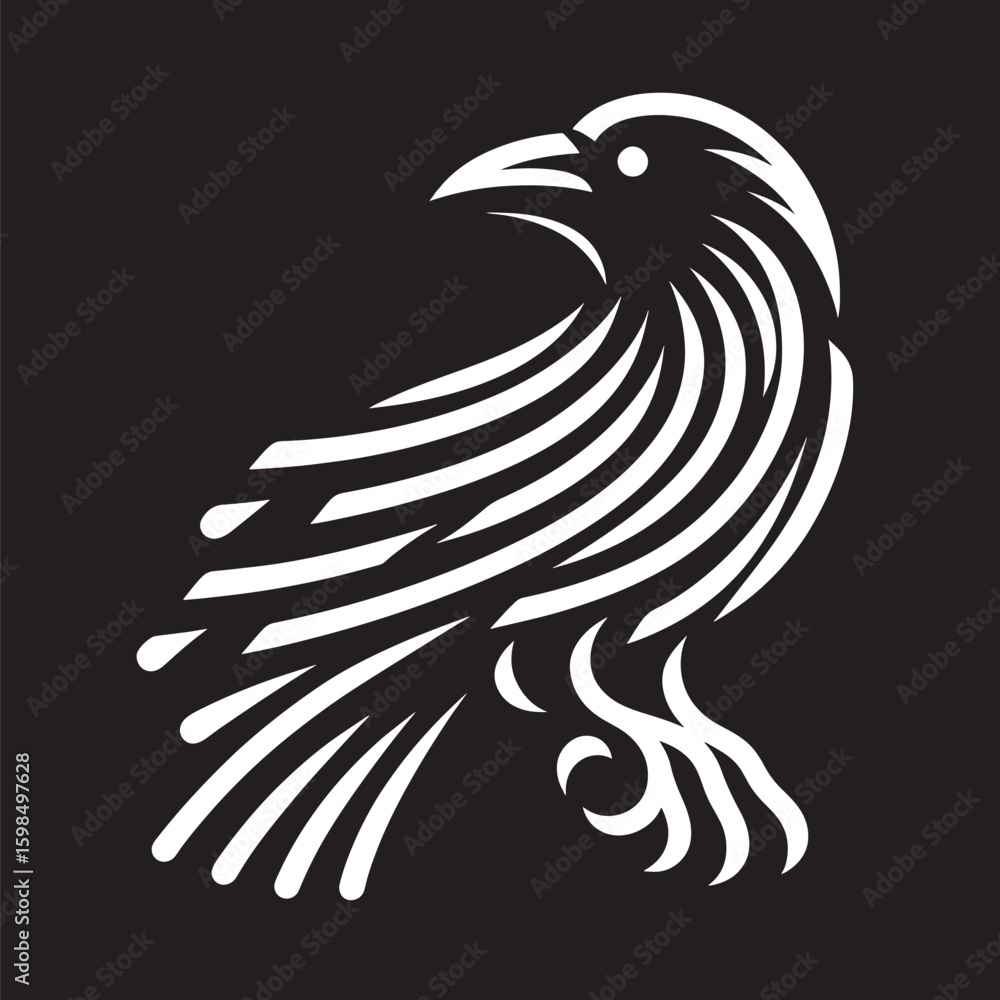 Fototapeta premium raven Black and white bird tattoo on a black background. Vector illustration