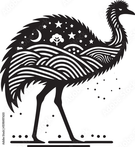 Ostrich. Bird of paradise. Black and white vector illustration