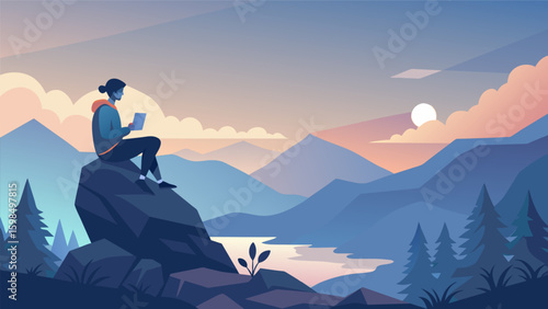 A misty morning on a mountaintop with a person perched on a boulder gazing at the sunrise while thoughtfully writing in their diary.. Vector illustration