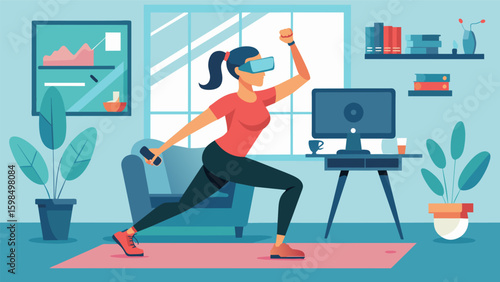 A busy professional squeezes in a quick VR fitness session in her small apartment office grateful for a chance to move her body during a hectic day.. Vector illustration