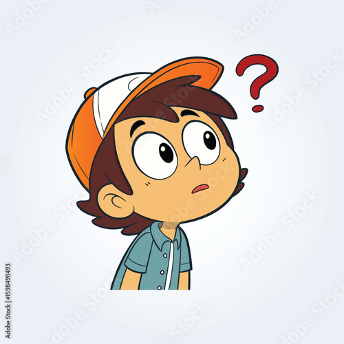An illustration of a boy's confused face wearing an orange cap with a question mark