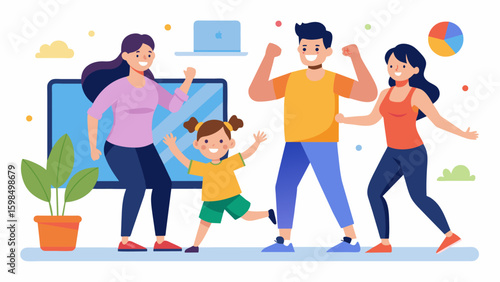 A group of parents and children joining in a virtual Zumba class together promoting a healthy and active lifestyle while having fun as a family.. Vector illustration