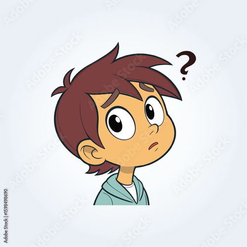An illustration of a boy's confused face wearing a blue shirt with open eyes