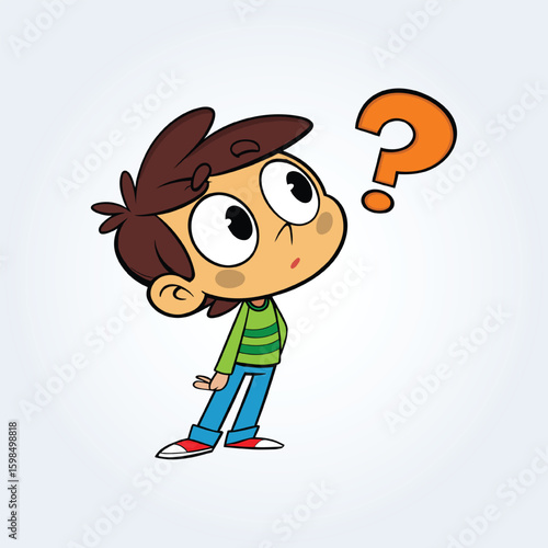 An illustration of a boy's confused face wearing a green shirt with a question mark