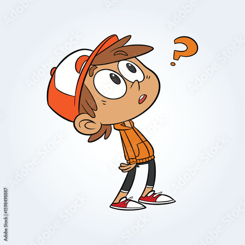 An illustration of a boy's confused face wearing an orange-colored hoodie with a cap