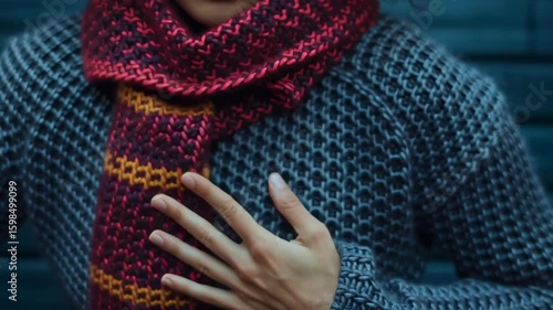 A woman with a scarf on her neck is holding up her hand to stop something. Concept of urgency and determination, as the woman is actively trying to prevent an action or event from happening