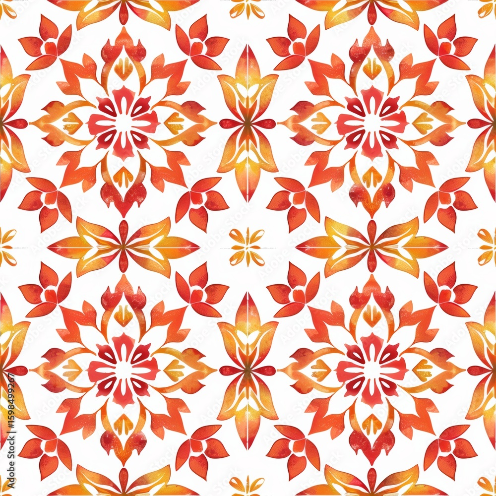 custom made wallpaper toronto digitalSeamless white pattern with vibrant red and orange watercolor-style floral and leaf motifs