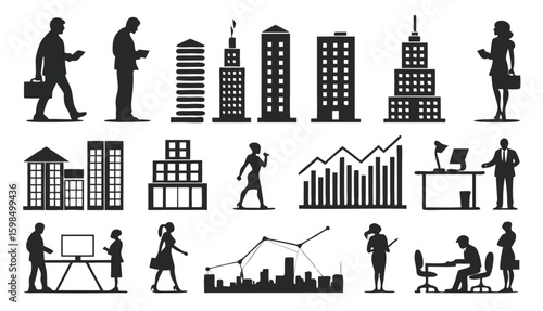 Corporate Office Life Silhouette Set - Business People, Buildings & Data Graphs


