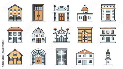 Architecture & Real Estate Vector Icon Set - House, Church & Building Facades