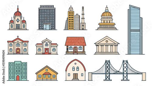 City Architecture Vector Icon Set - Buildings, House, and Bridge Illustrations